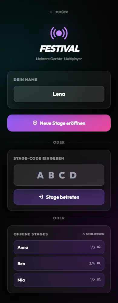 Offene Stages: andere Spielende finden und beitreten